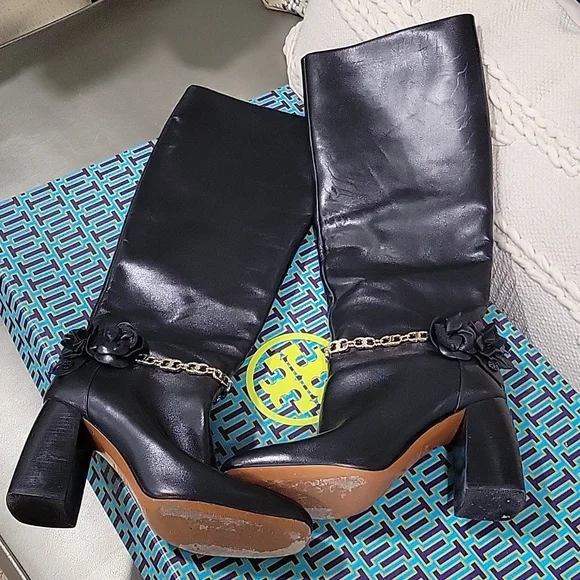 Tory Burch Black Blossom Block Heel Boots Tall Knee High Shoes - Picture 5 of 10